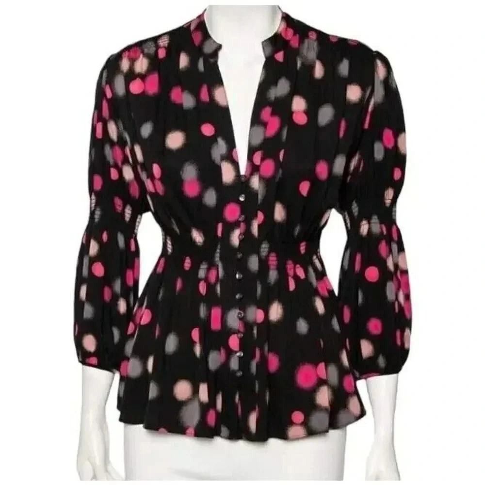 Like-New Diane von Furstenberg Black Polka Doted Silk Zazu V Neck Blouse Size 4